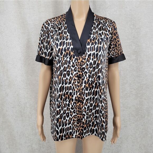 Vanity Fair Leopard Top Button Front Short Sleeve Vneck 70s Vintage Mobwife - Picture 1 of 8